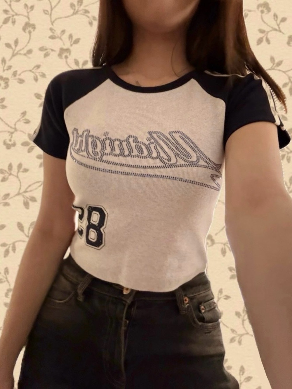 White & Navy Raglan Crop Tee with Script diamond Logo